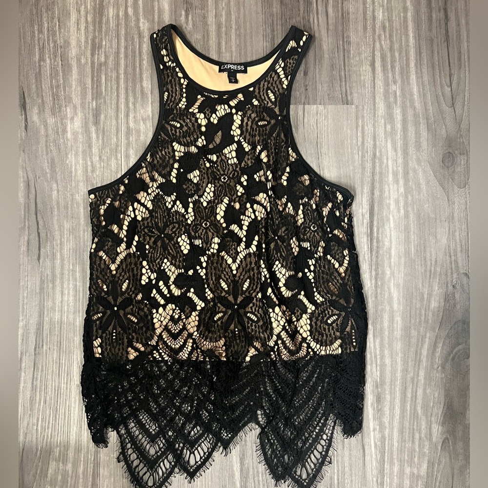 Express Black Lace Overlay Tank with Nude Lining